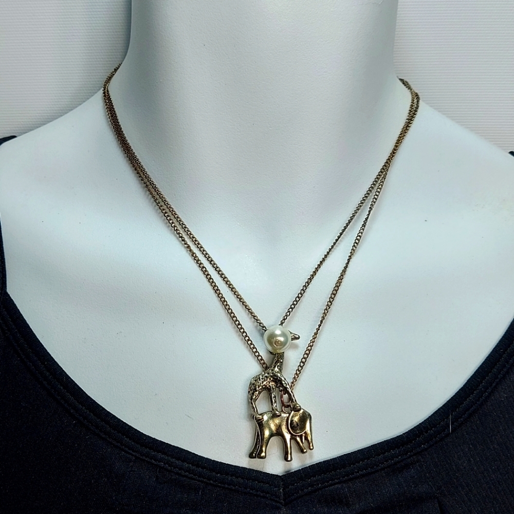 Safari Themed Light Brass Double Strand Layered Pendant Necklace